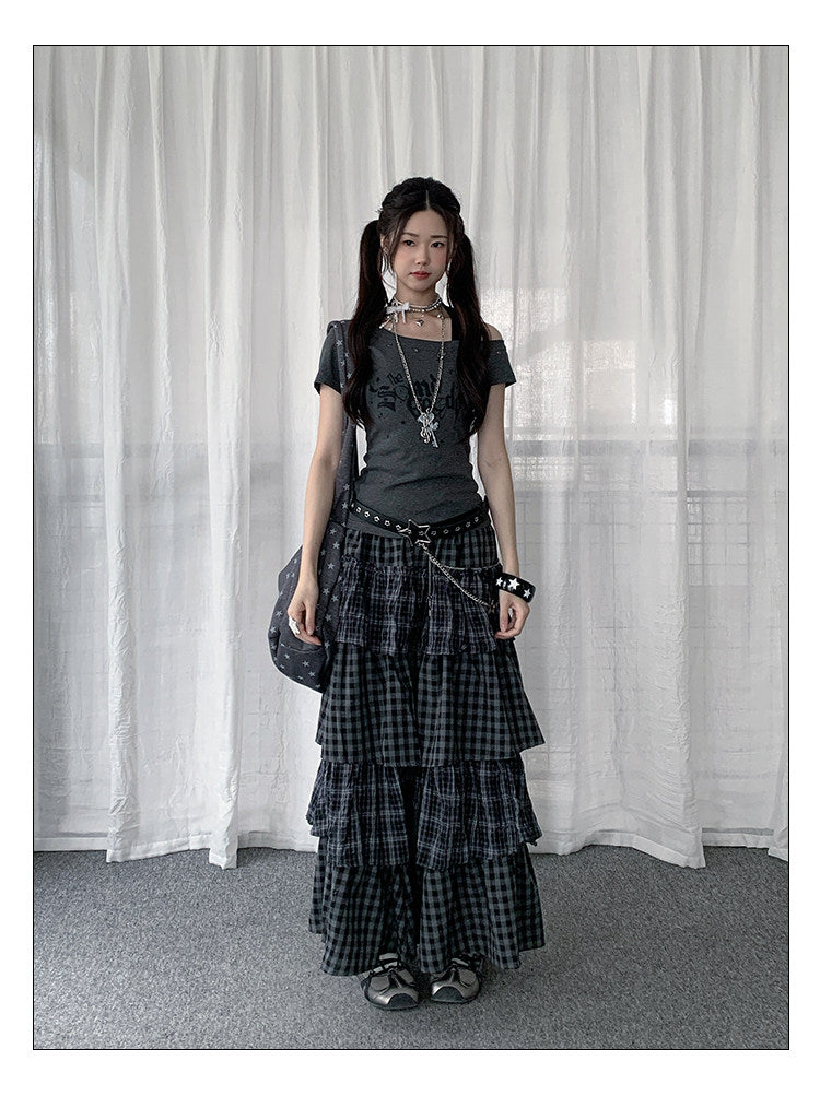 Plaid Patchwork Tiered Maxi Skirt