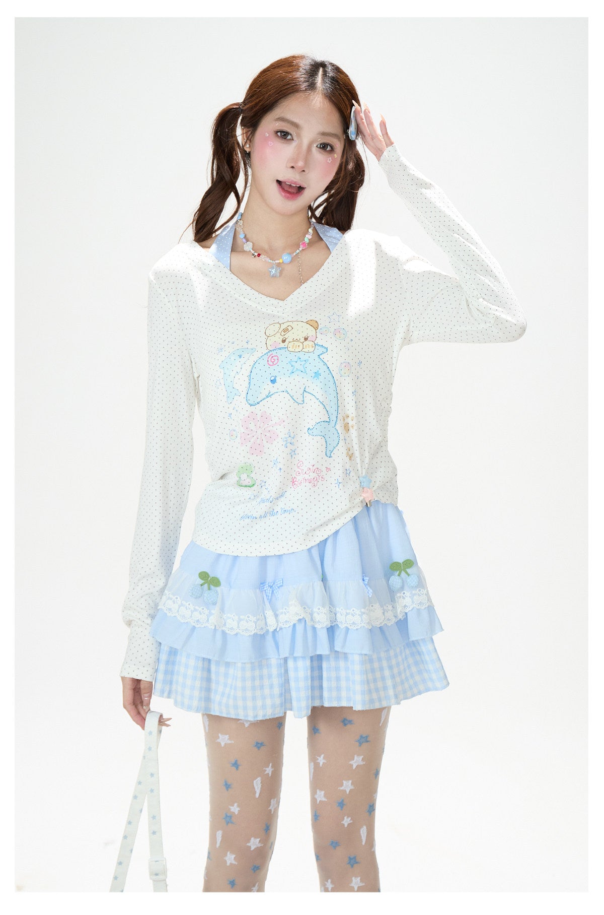 Dreamy Dolphin Polka-Dot V-Neck Long Sleeve Top & Gingham Ruffle Mini Skirt