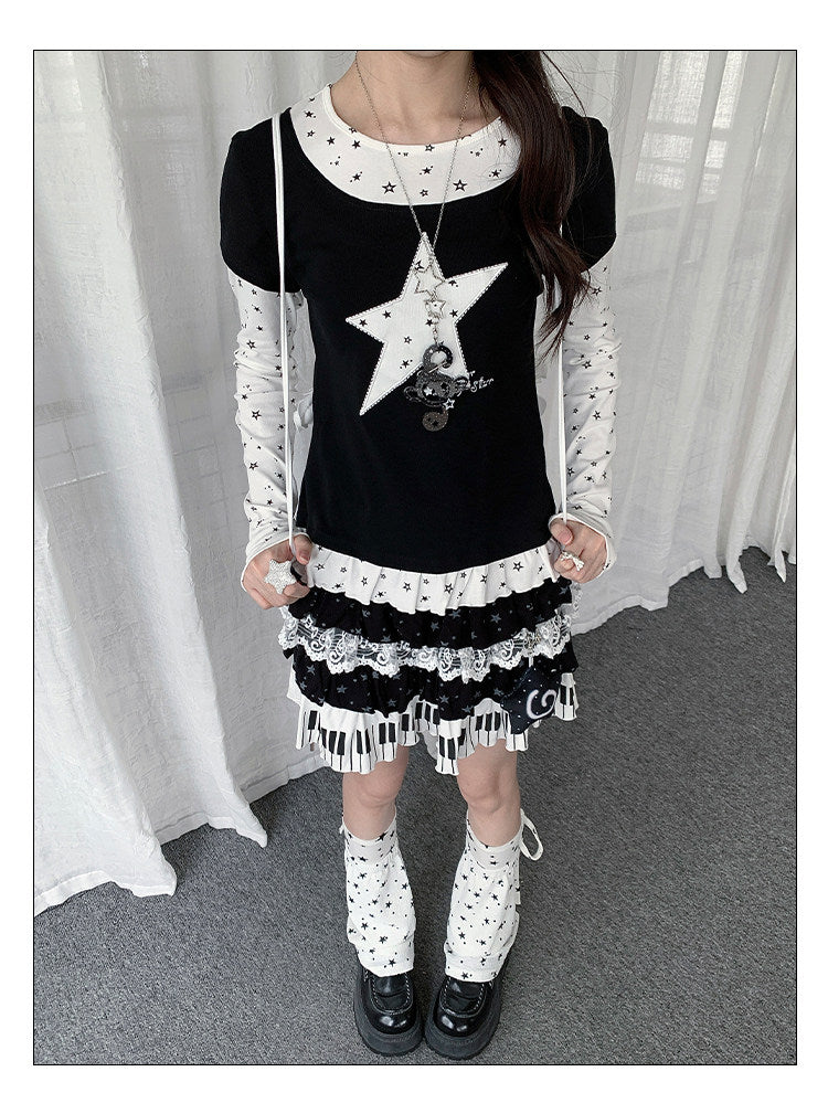 Star Appliqué Layered Long Sleeve Top