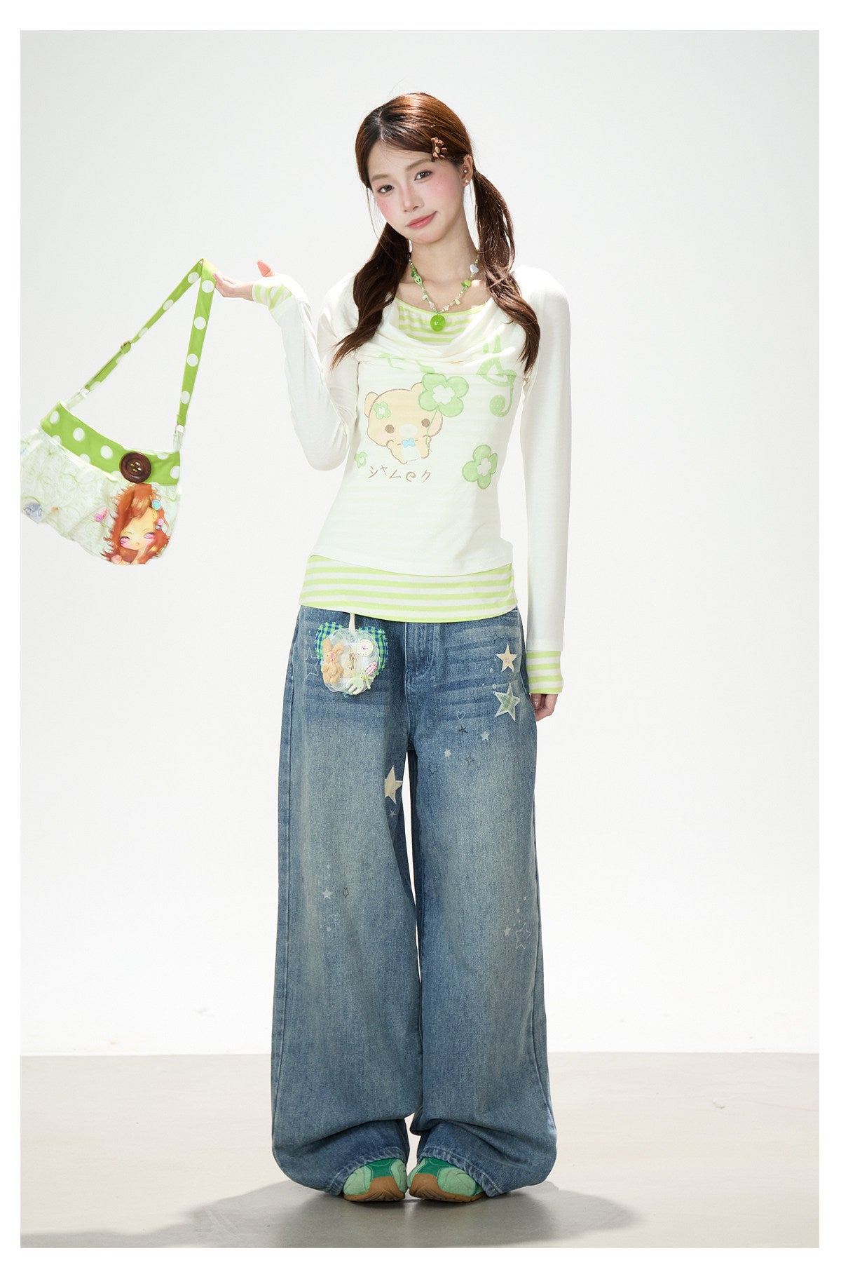 Vintage Washed Star Print Wide-Leg Jeans