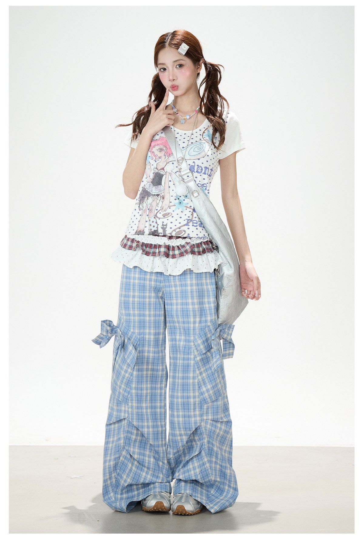 Bow Plaid Cargo Wide Leg Pants
