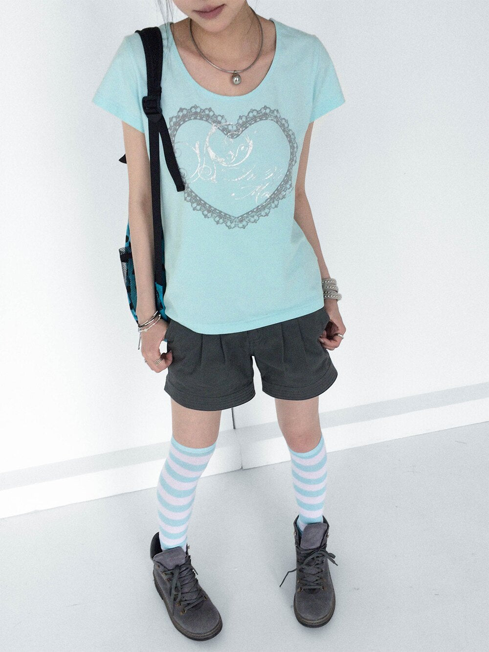 Silver Lace Heart Scoop-Neck Fitted Tee