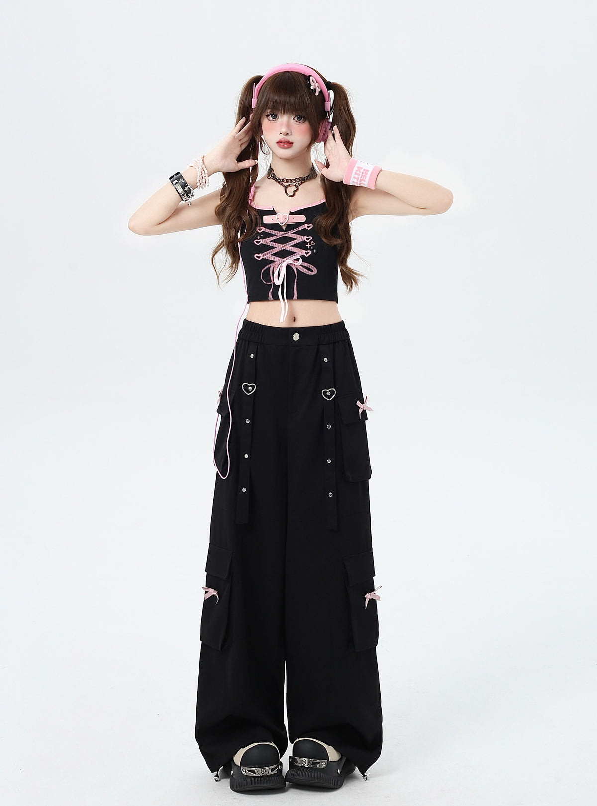 Heart Bow Pocket Wide-Leg Cargo Pants