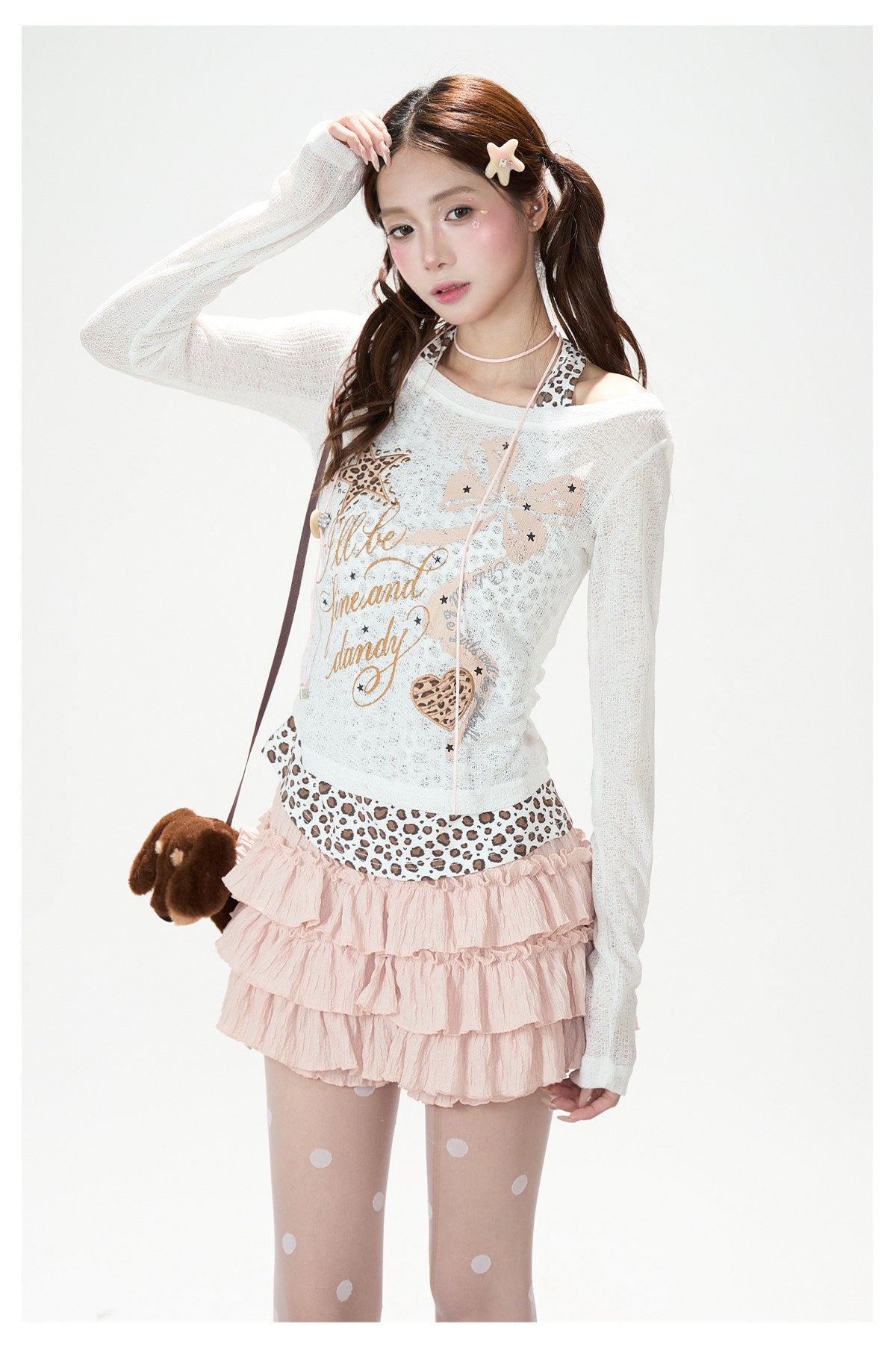 Leopard Layered Halter Long Sleeve Top & Pink Tiered Ruffle Mini Skirt