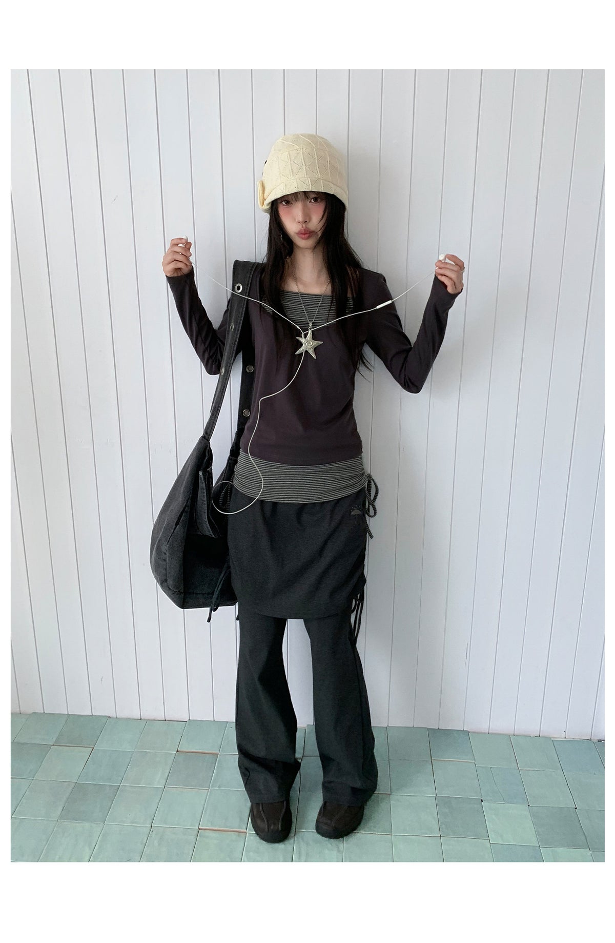 Striped Square-Neck Faux-Layer Drawstring Long Sleeve Top