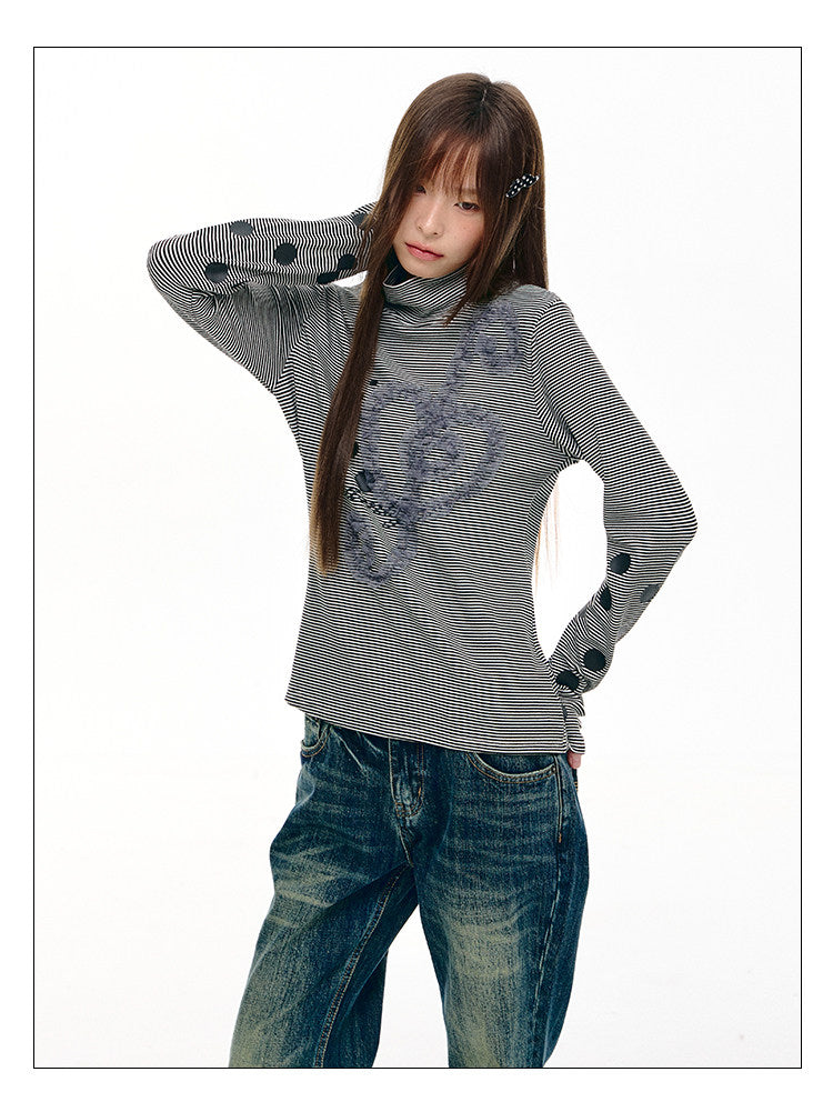 Lace Music Note Appliqué Mock Neck Long Sleeve Top