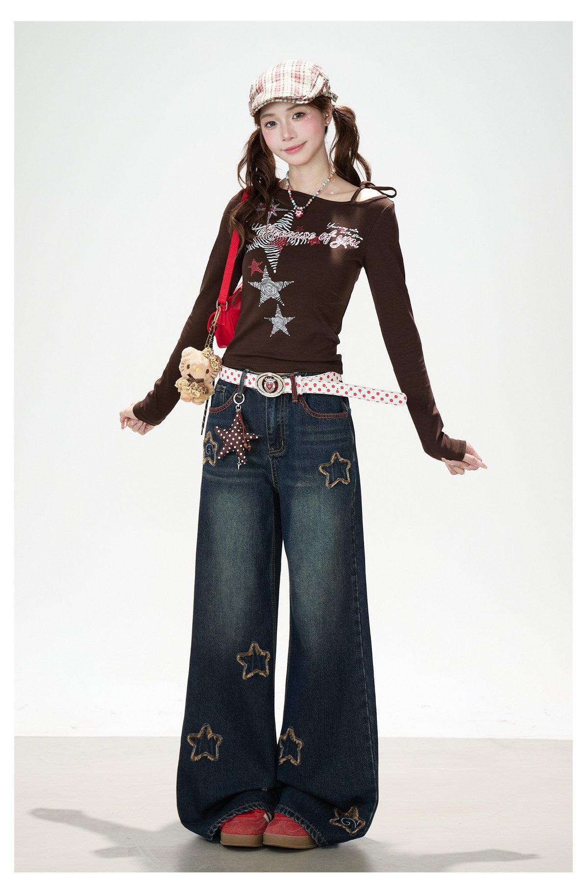 Frayed Star Patch Washed Wide-Leg Jeans