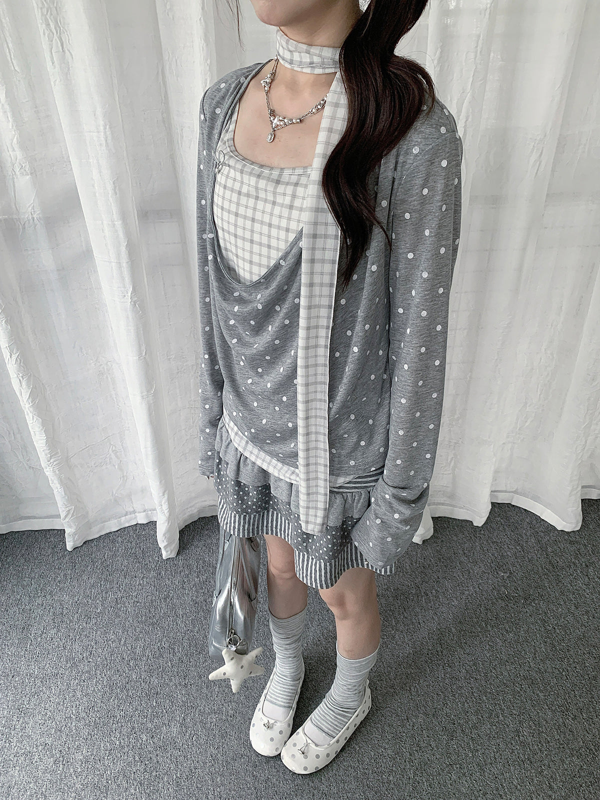 Polka Dot Plaid Scarf Layered Long Sleeve Top