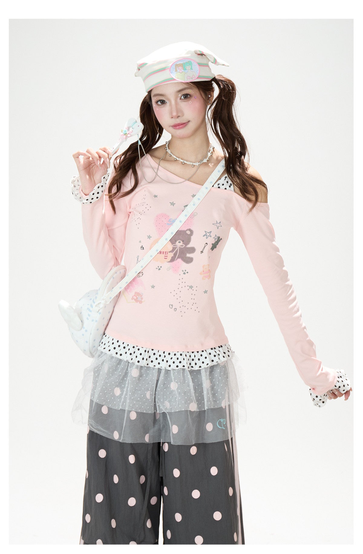 Dreamy Cartoon Off-Shoulder Layered Long Sleeve Top & Polka Dot Wide-Leg Pants