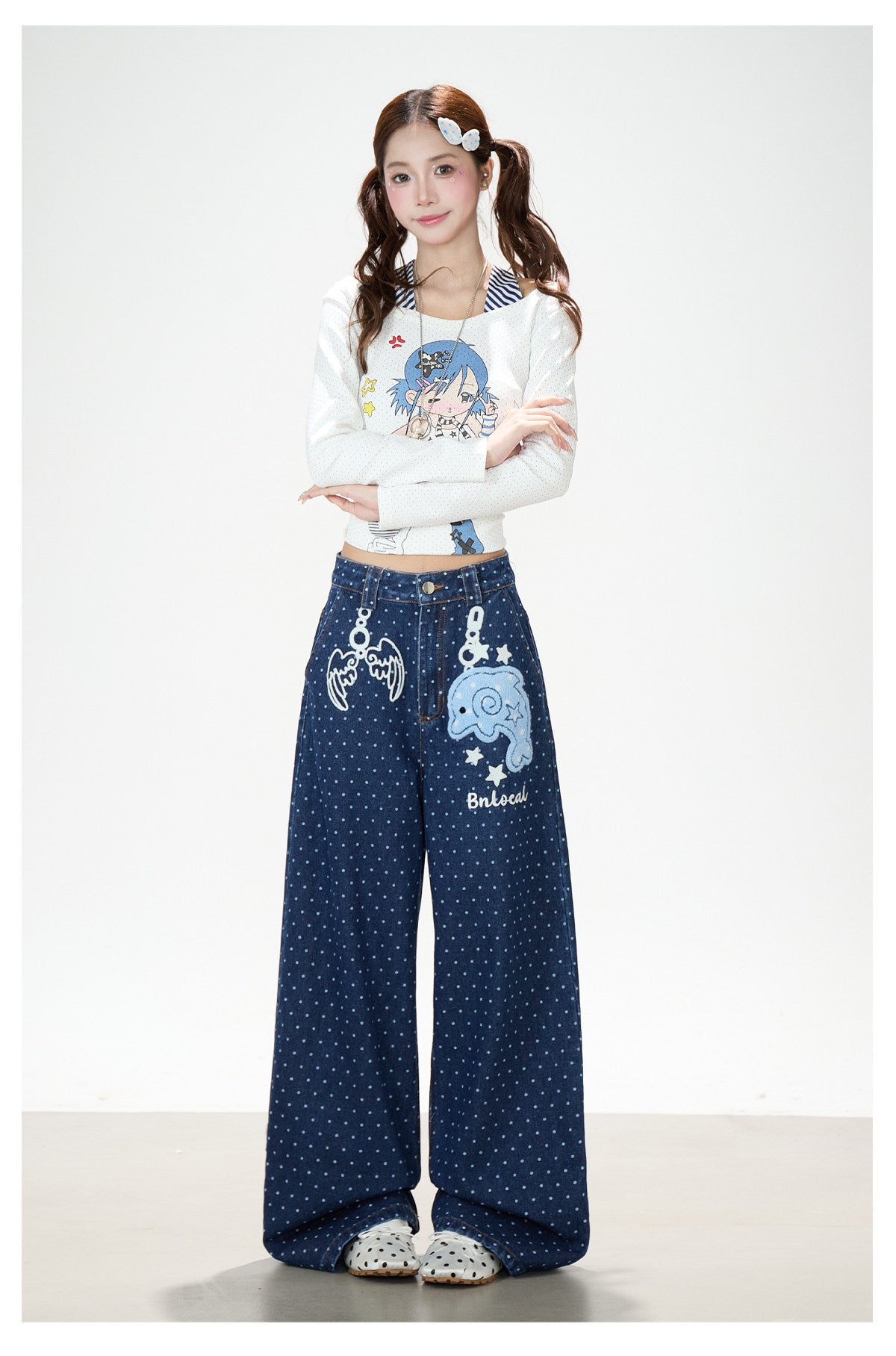 Dolphin Embroidered Polka Dot Wide-Leg Jeans