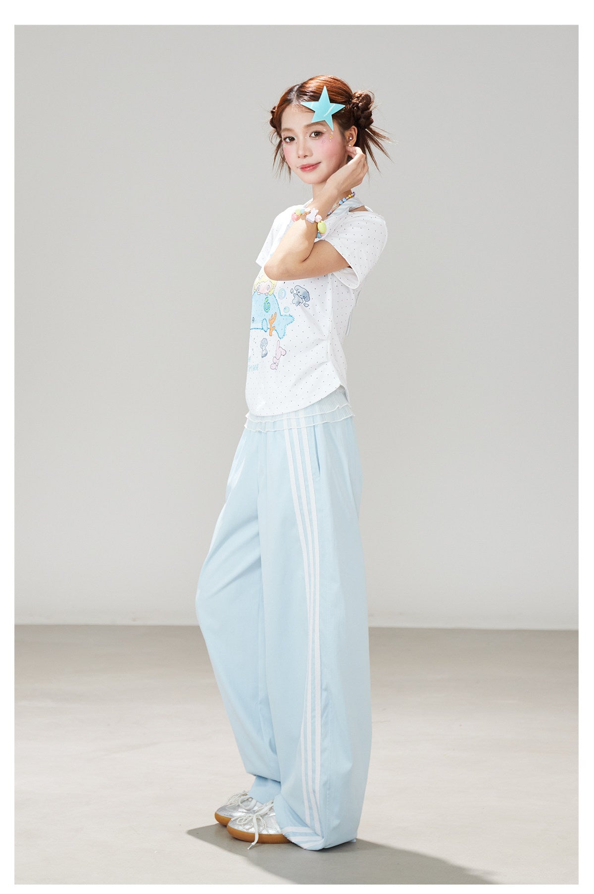 Ruffle Waist Side Stripe Wide-Leg Pants