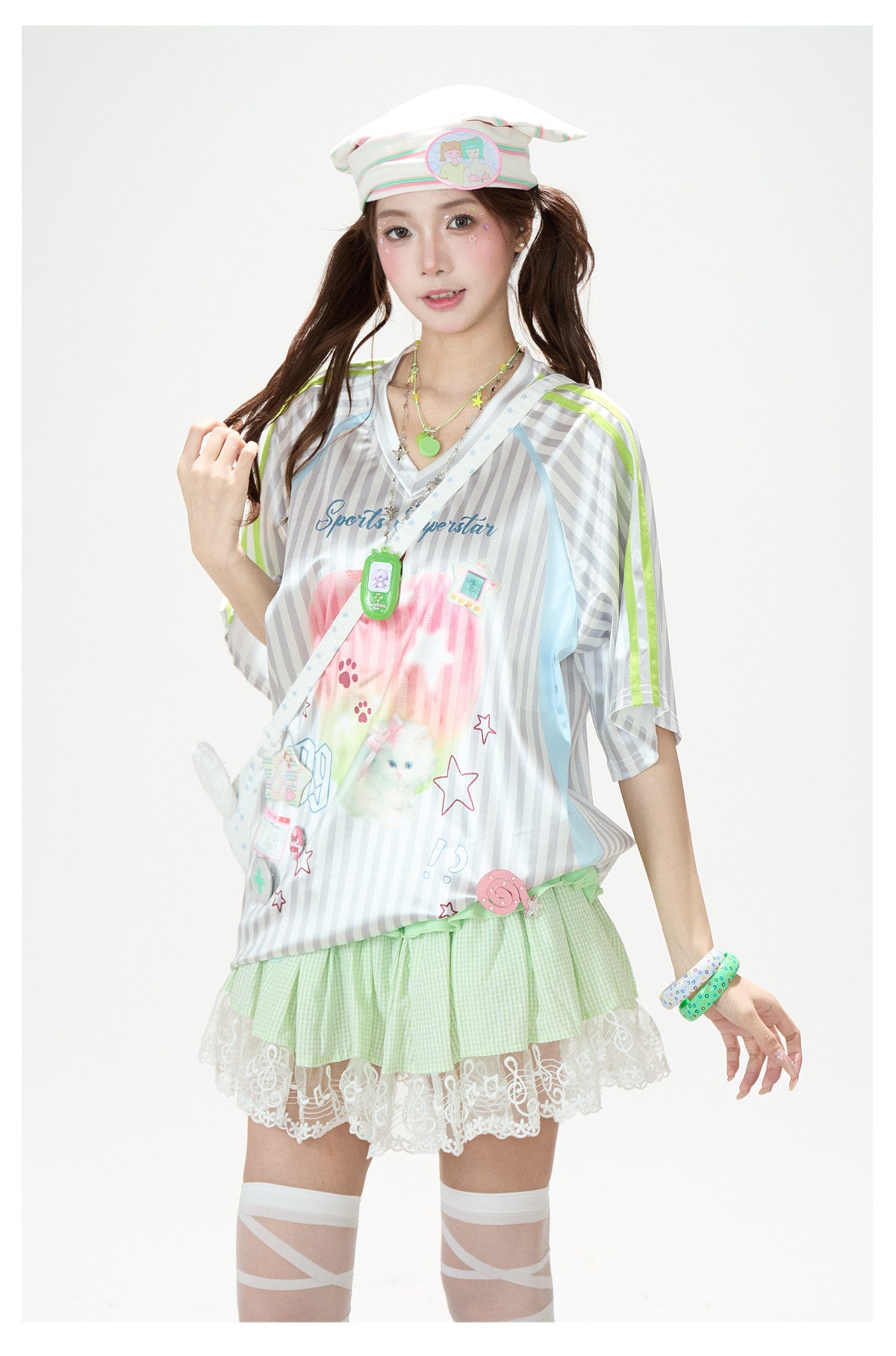 Striped Kitty Graphic V-Neck Tee & Layered Gingham Ruffle Skirt