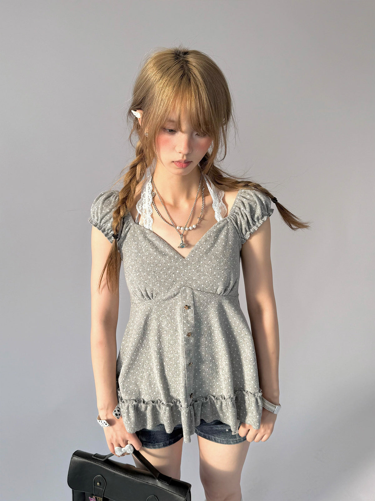 Polka Dot Lace Halter Ruffle Tee