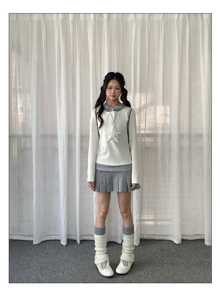 Polka Dot Layered Hooded Long Sleeve Top