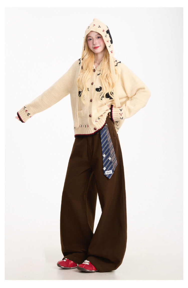 Curved-Leg Wide-Leg Pants with Detachable Tie