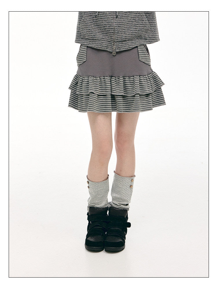 Charcoal Stripe Double-Ruffle A-Line Mini Skirt