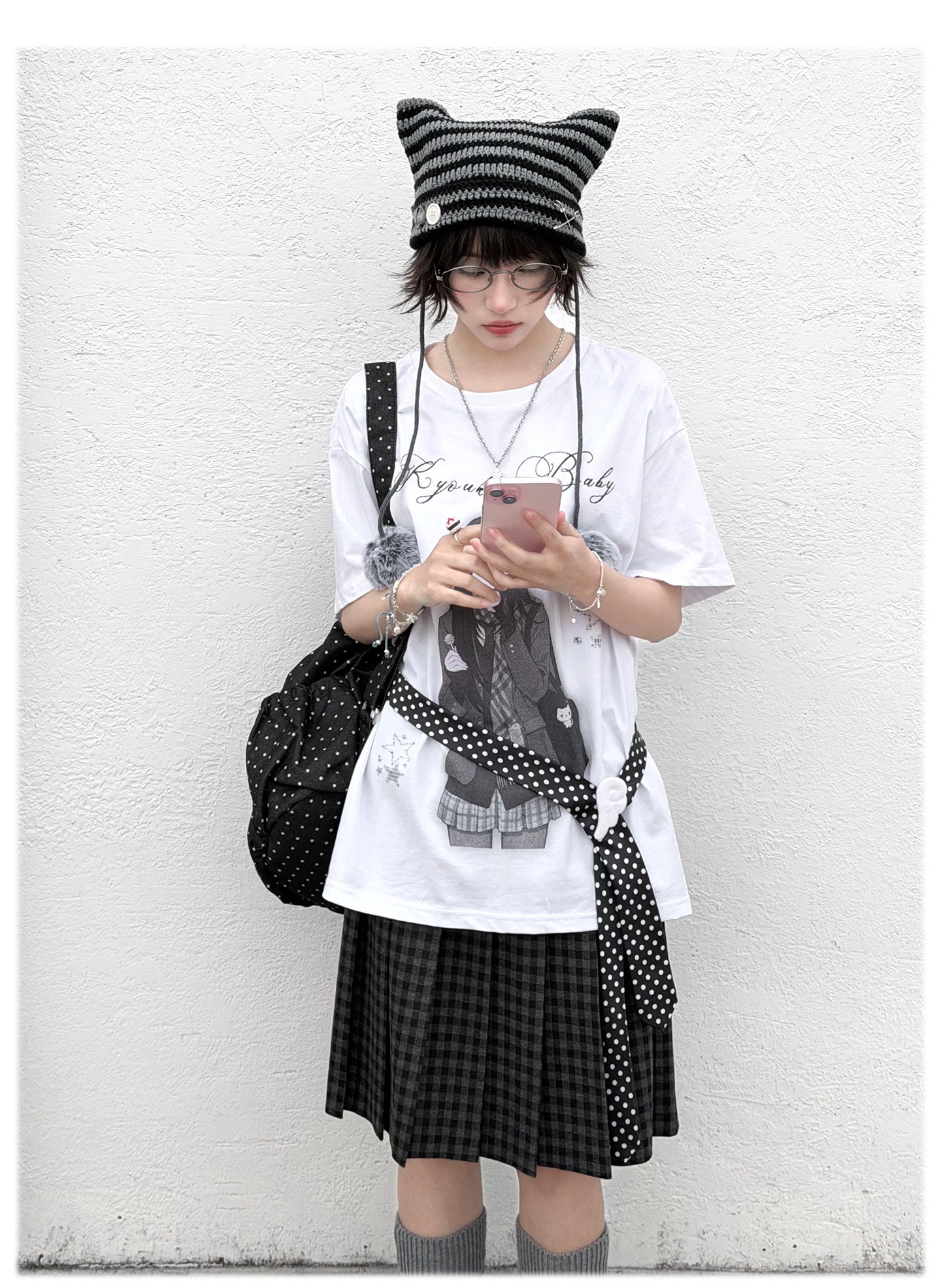 Room Doll Graphic Tee & Plaid Skirts