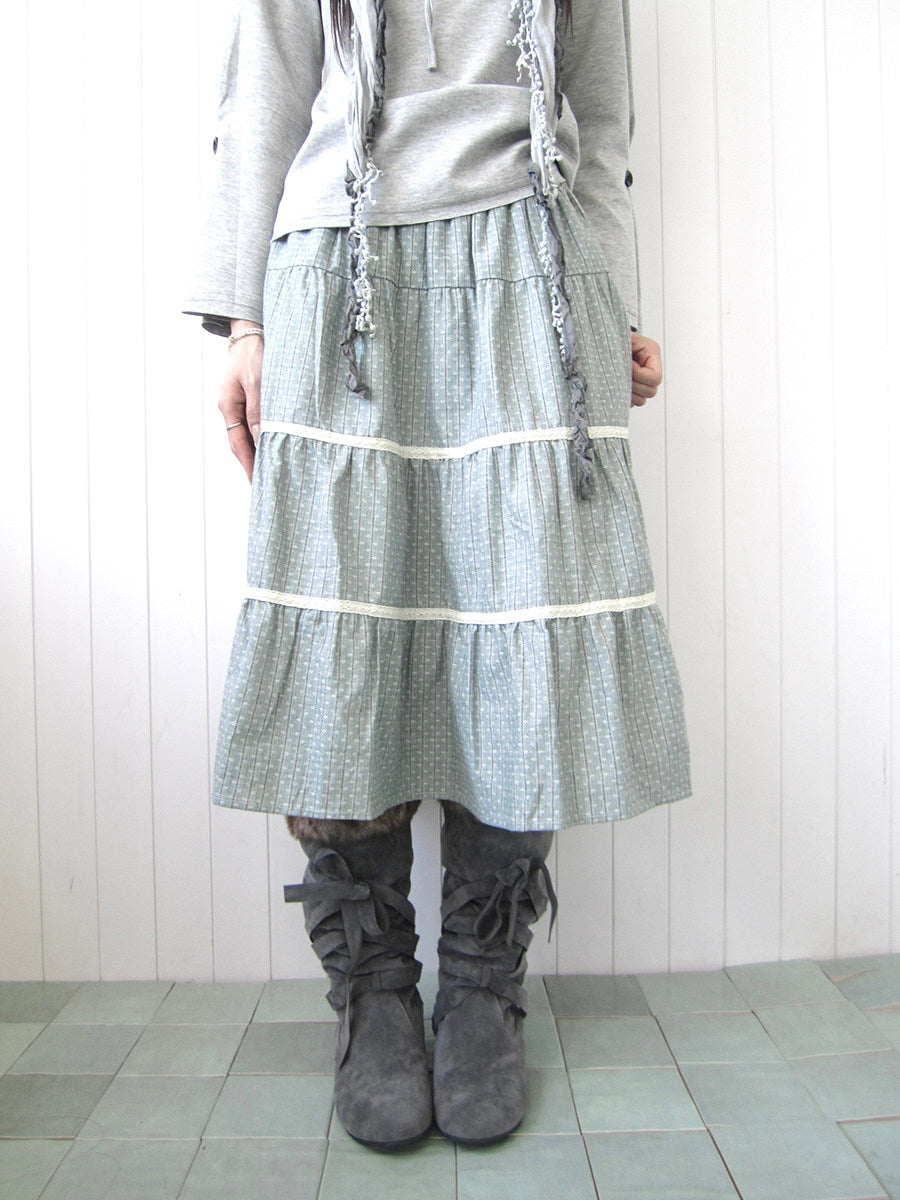 Dusty Blue Floral Tiered Lace Midi Skirt