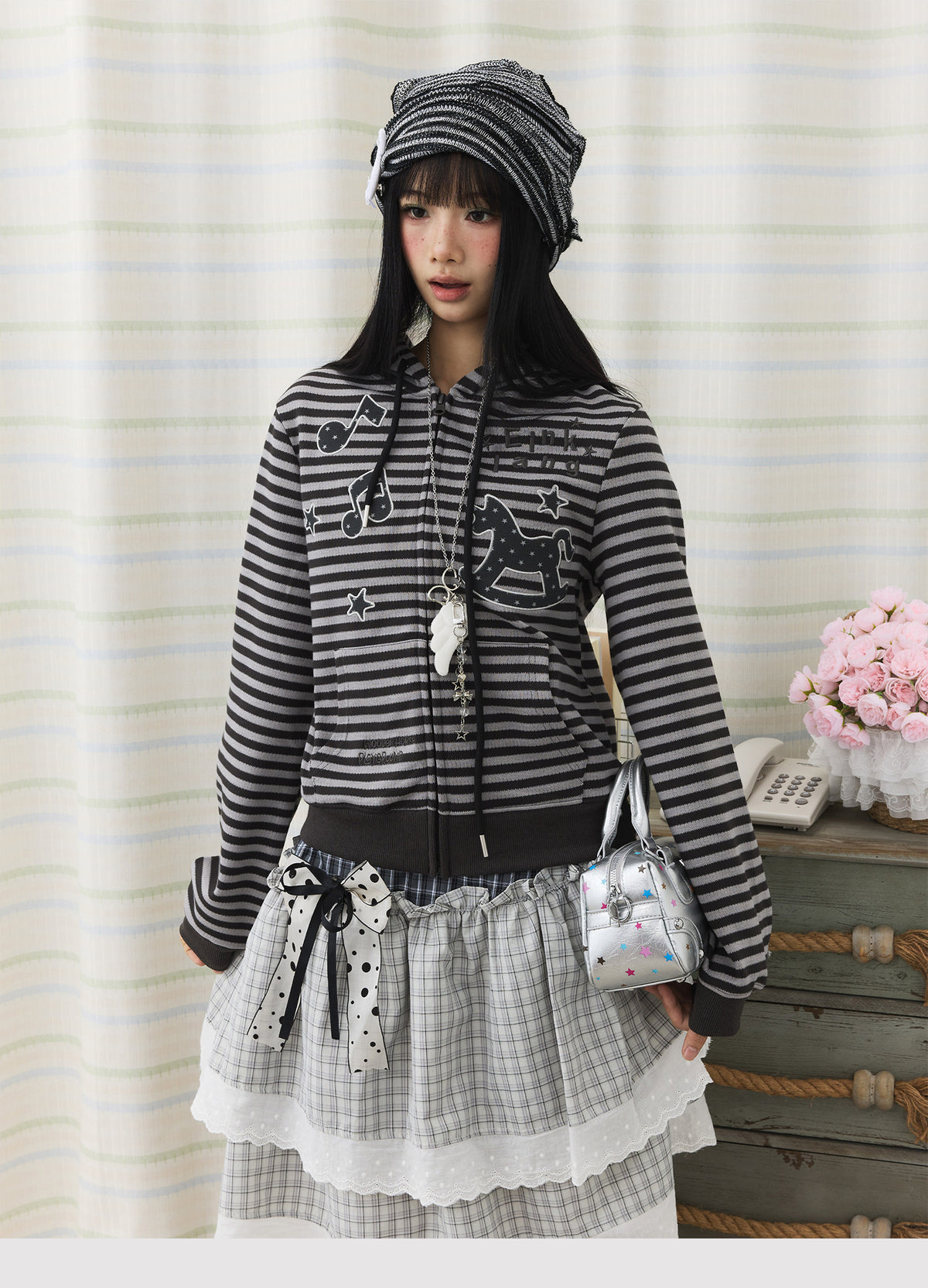 Striped Rocking Horse Embroidered Zip-Up Hoodie