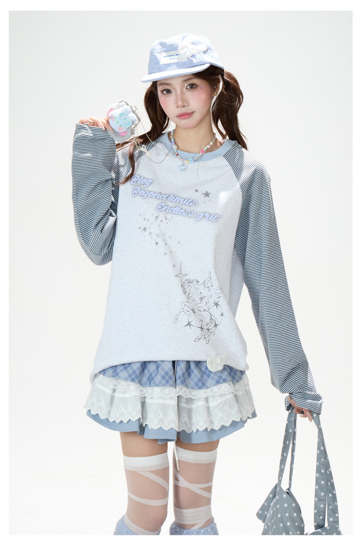 Striped Raglan Angel Graphic Long Sleeve Tee & Blue Plaid Lace Ruffle Skirt