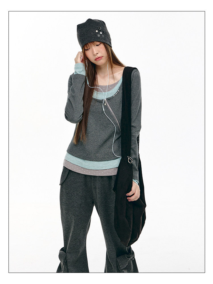 Triple-Layer Polka Dot Asymmetric Zip Long Sleeve Top