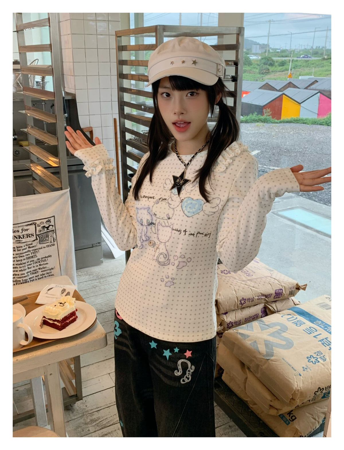 Cat Party Polka Dot Ruffle Long Sleeve Top