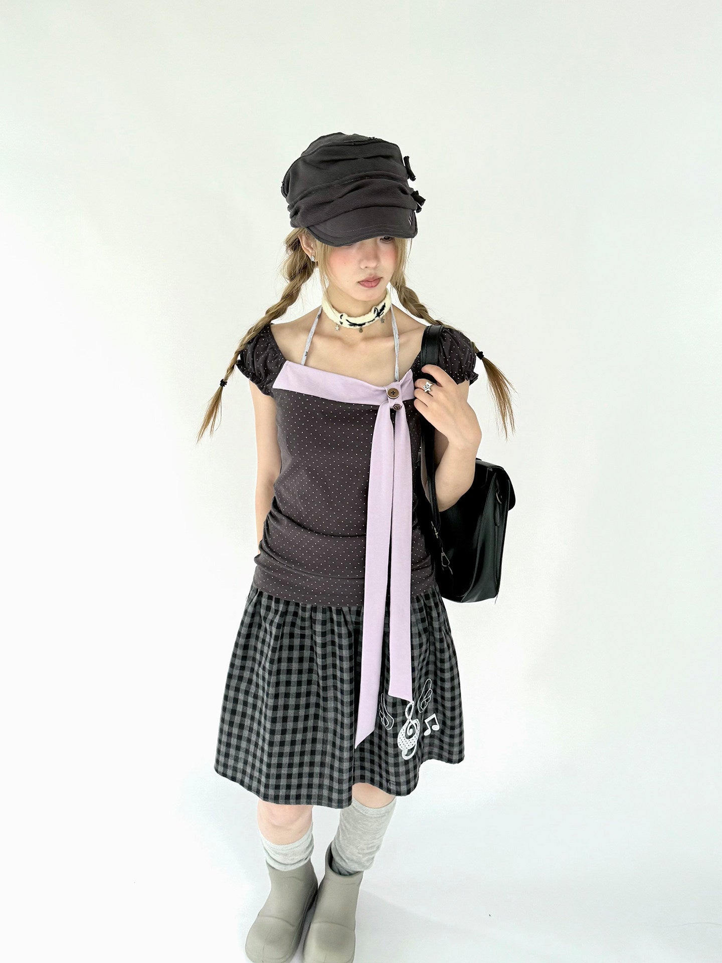 Lavender Bow Polka Dot Fitted Puff-Sleeve Top