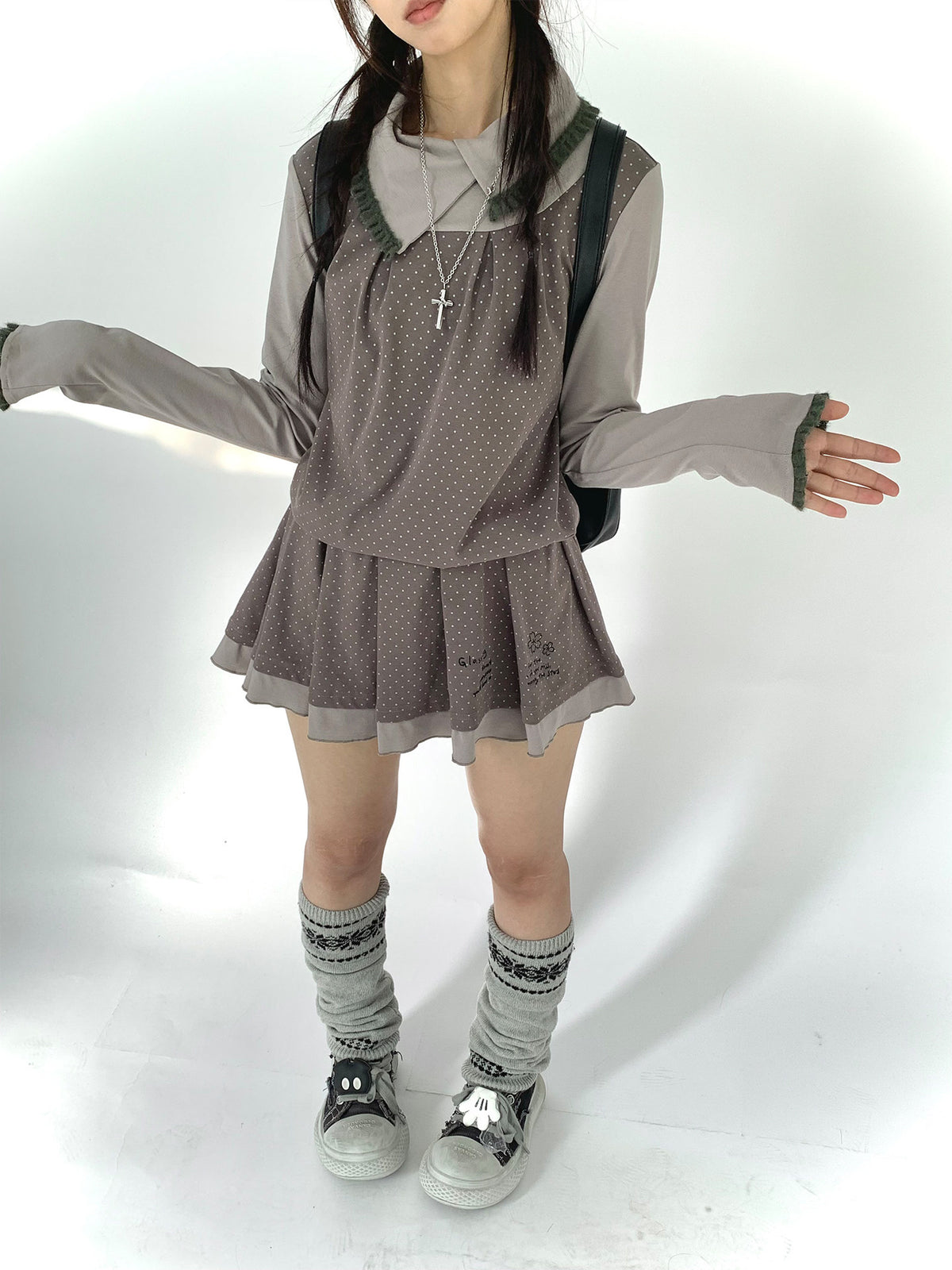 Gray Khaki Polka Dot Faux-Layer Pleated Mini Dress