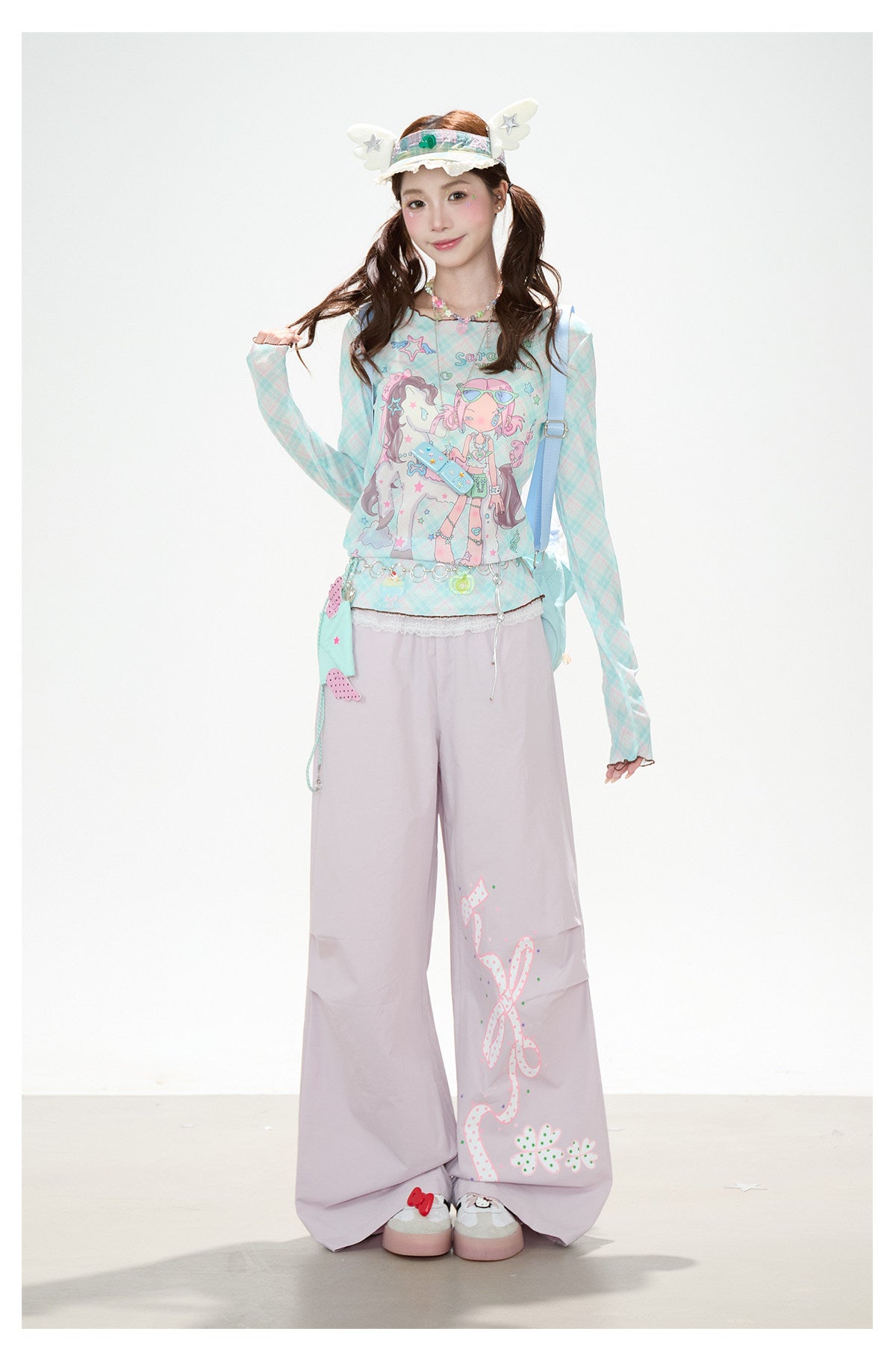 Pastel Anime Plaid Long Sleeve Top & Camo Lace-Trim Midi Skirt
