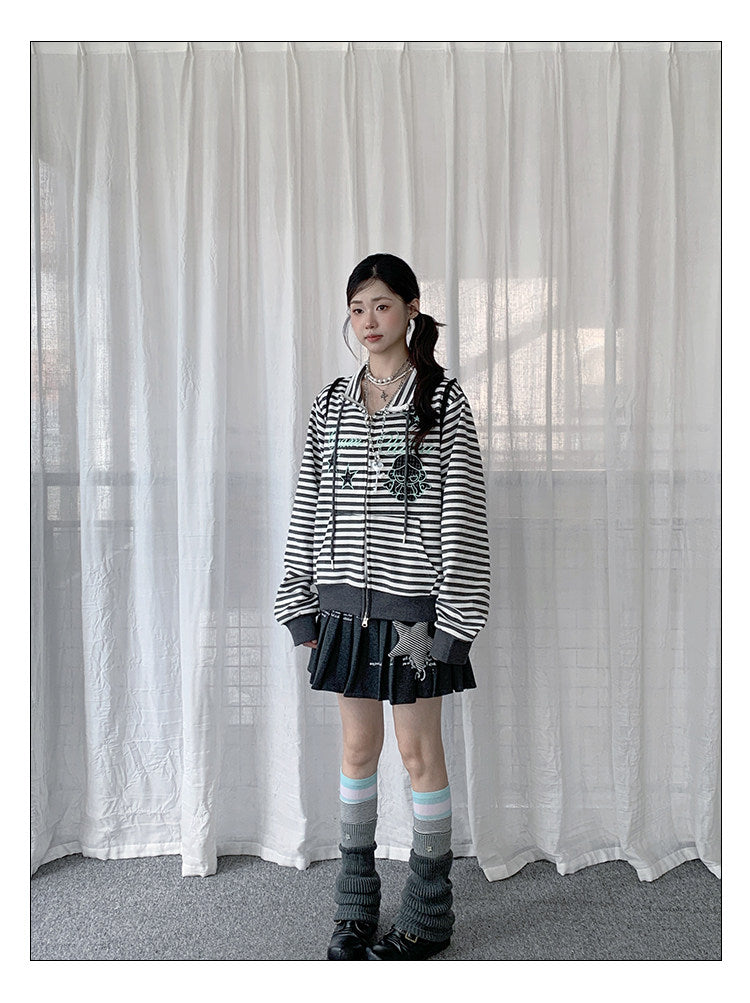 Star Charm Striped Embroidered Zip-Up Jacket