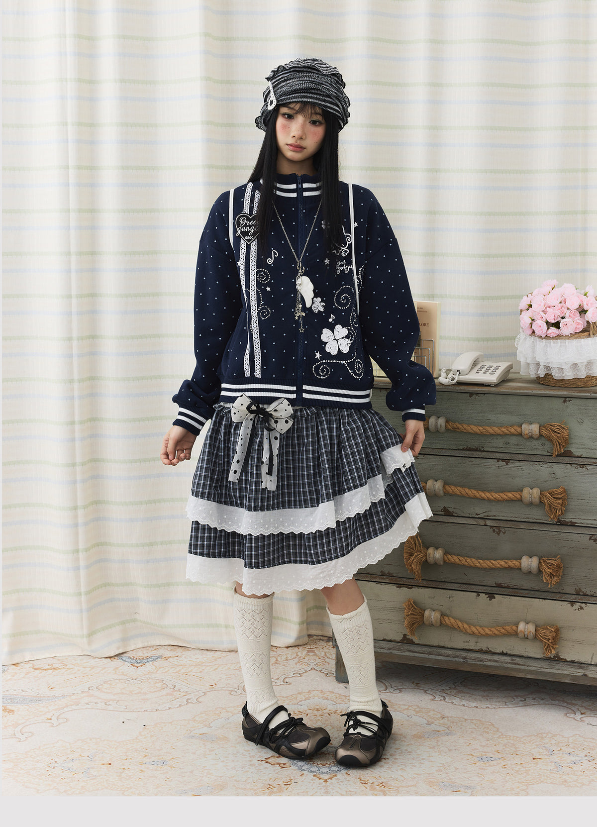 Asymmetric Plaid Lace Tiered Midi Skirt