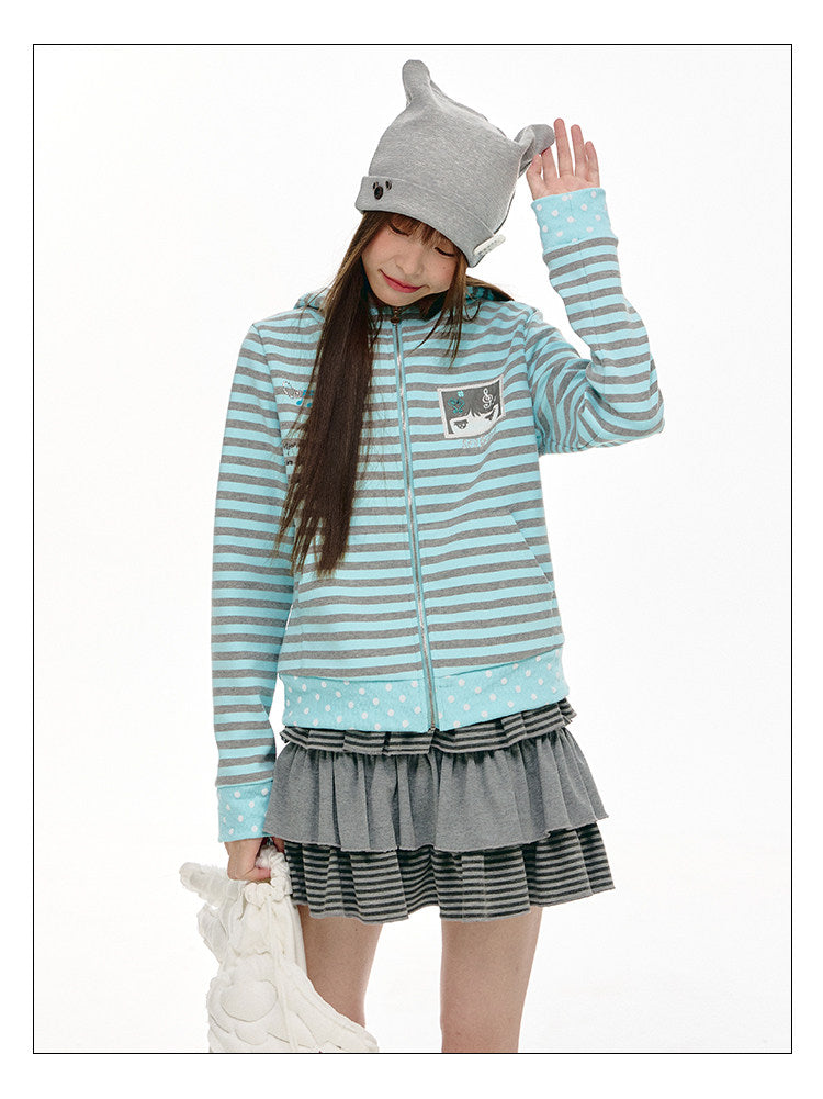 Mint & Gray Stripe Cat-Ear Zip Hoodie