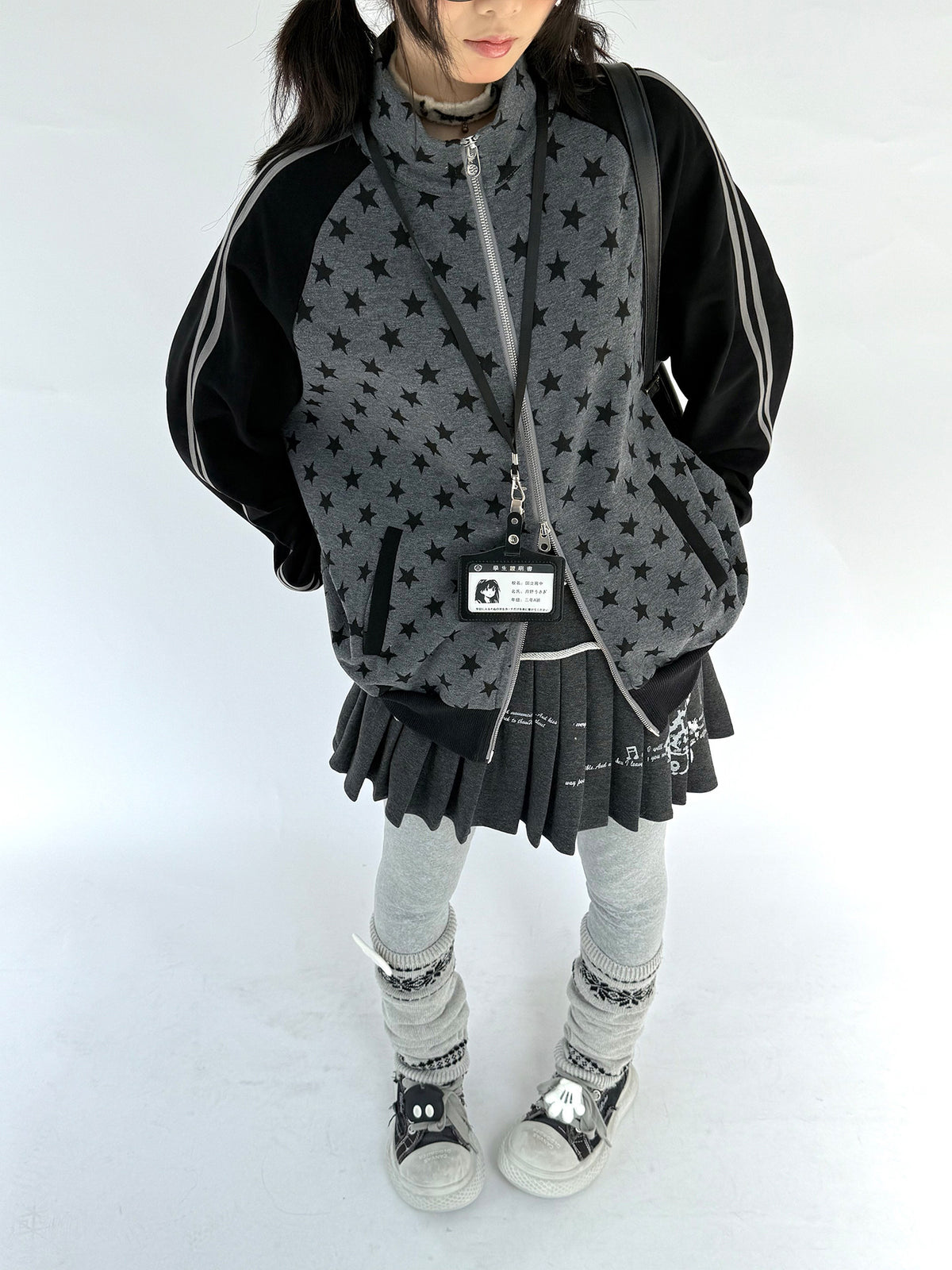 Charcoal Star Double-Zip Mock Neck Jacket