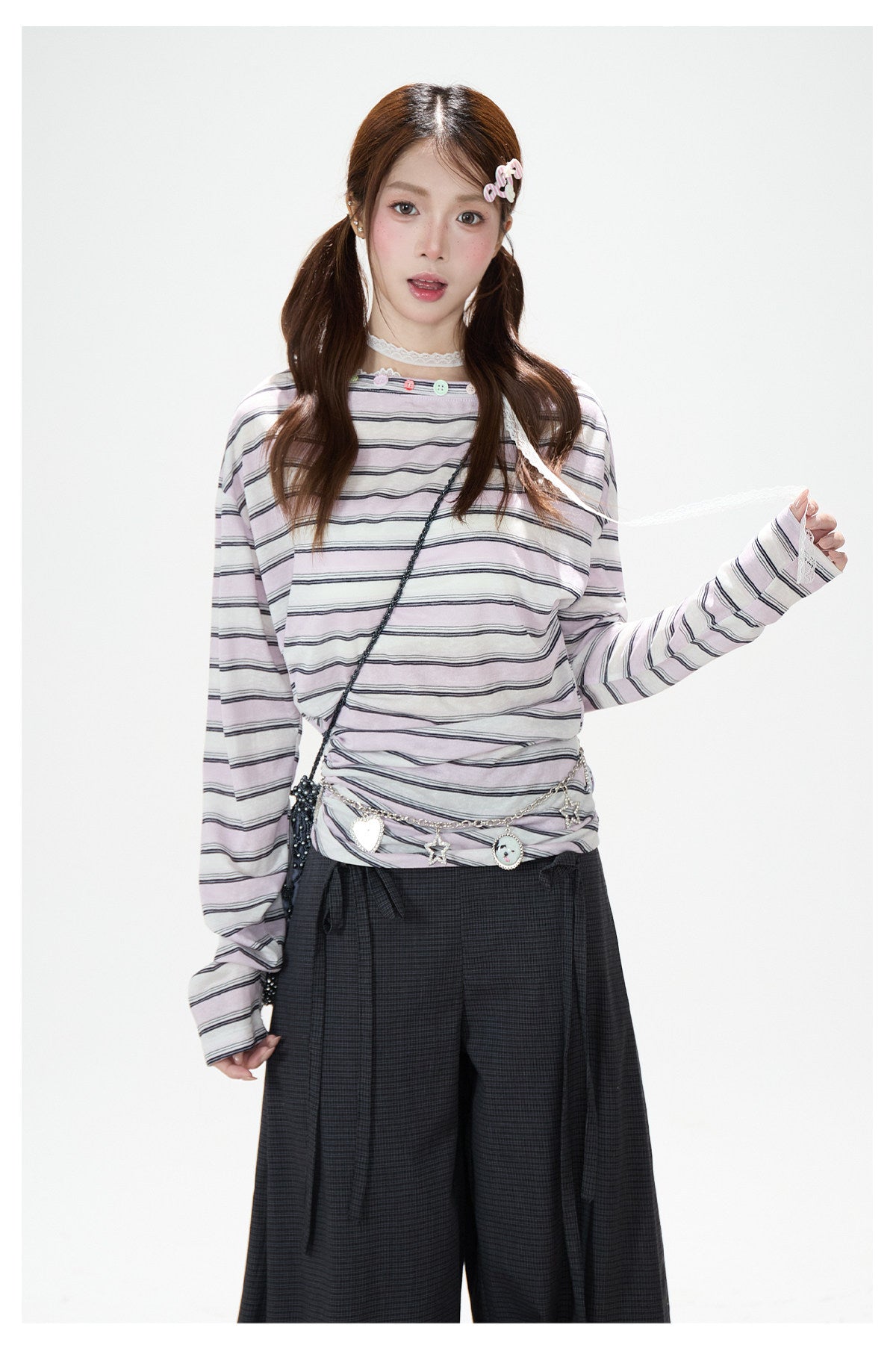 Striped Off-Shoulder Long Sleeve Top & Polka-Dot Midi Skirt