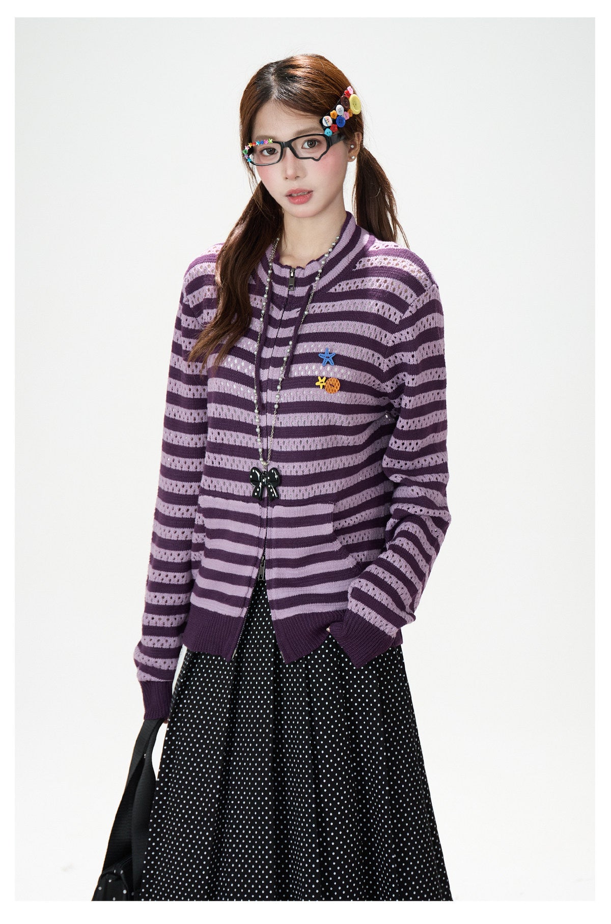 Striped Openwork Knit Cardigan & Black Polka-Dot Pleated Midi Skirt