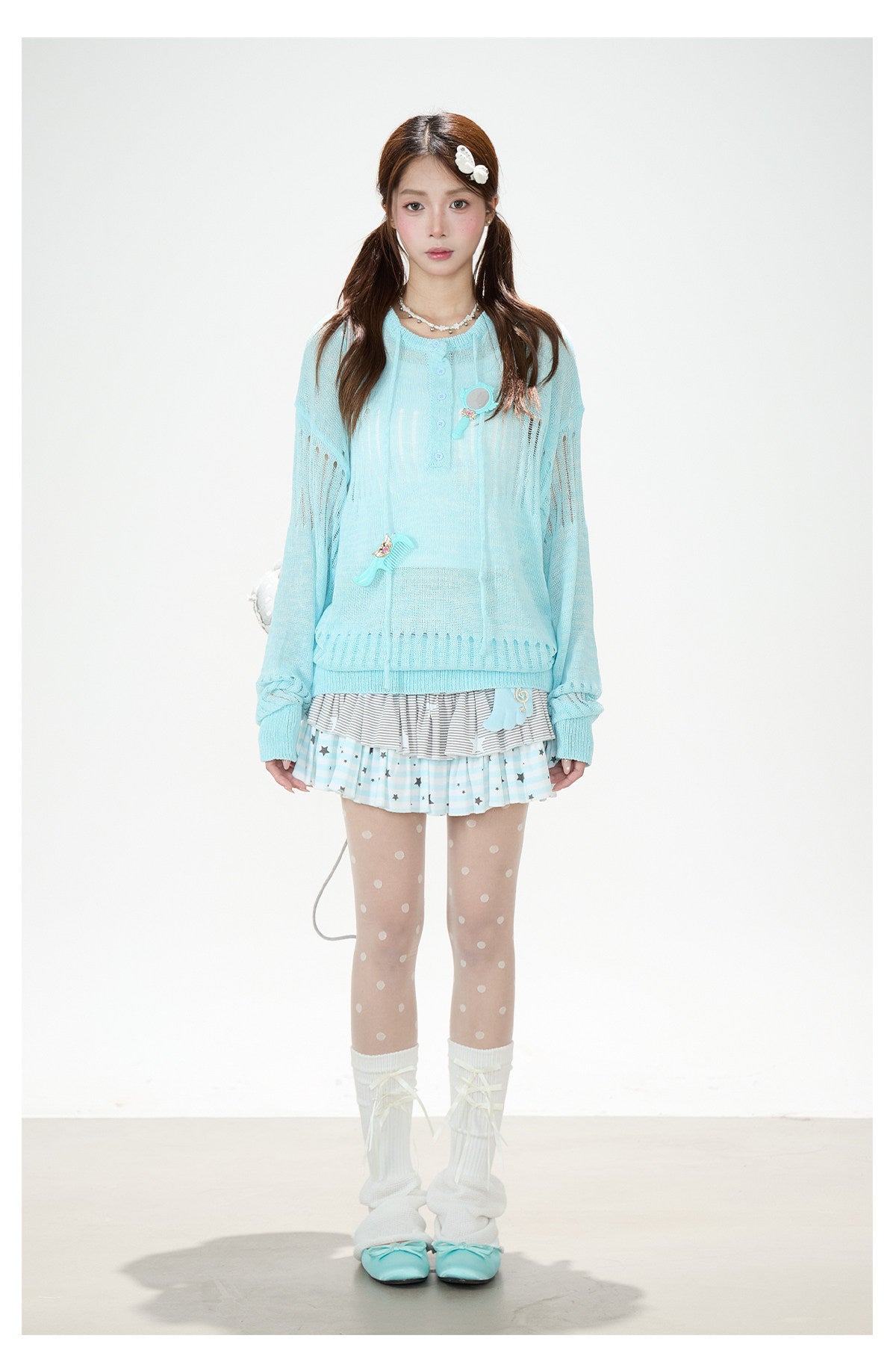 Openwork Knit Long Sleeve Top & Light Blue Layered Ruffle Mini Skirt