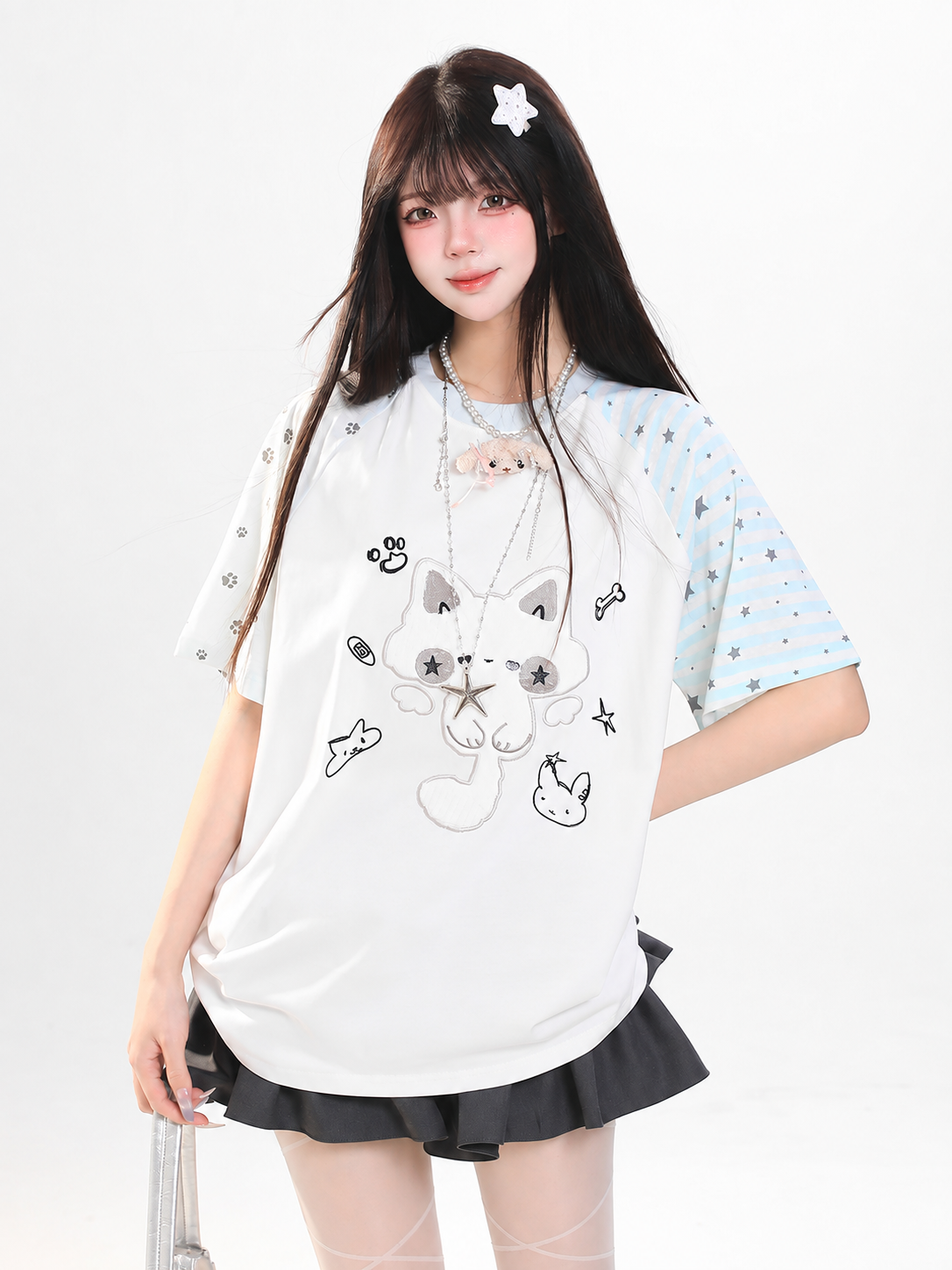 Mismatch Sleeve Kitty Graphic Oversized Tee