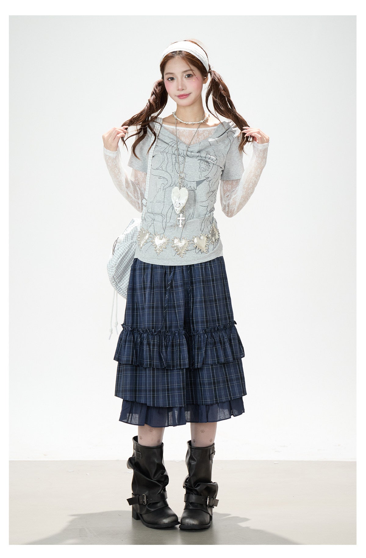 Lace Layered Cowl Neck Graphic Top & Navy Plaid Tiered Midi Skirt