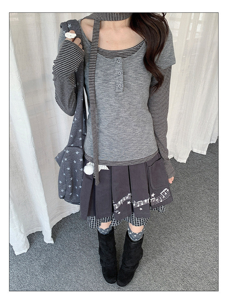 Striped Layered Henley Long Sleeve Top with Neck Tie
