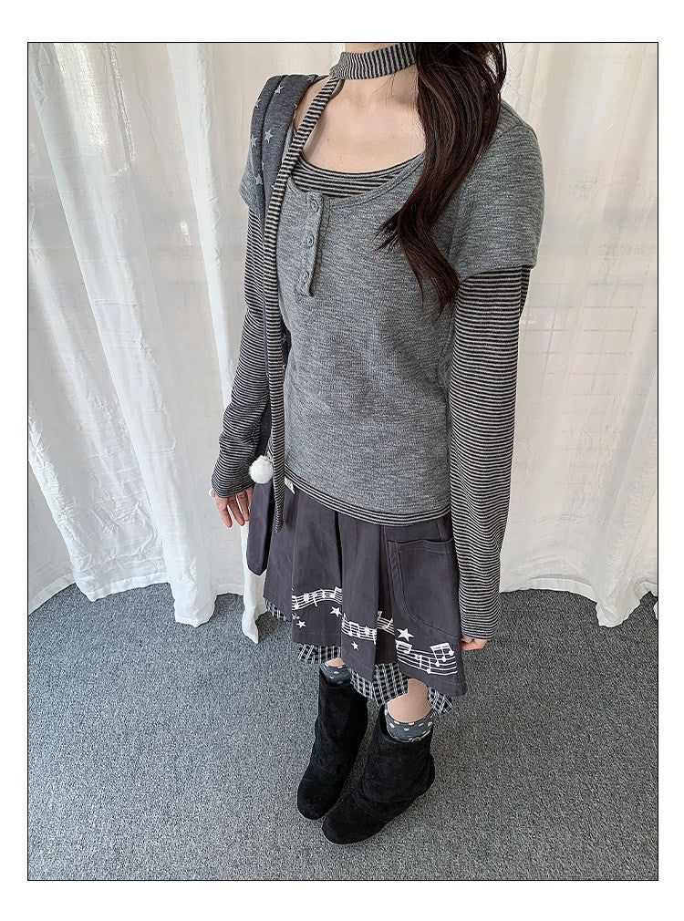 Striped Layered Henley Long Sleeve Top with Neck Tie
