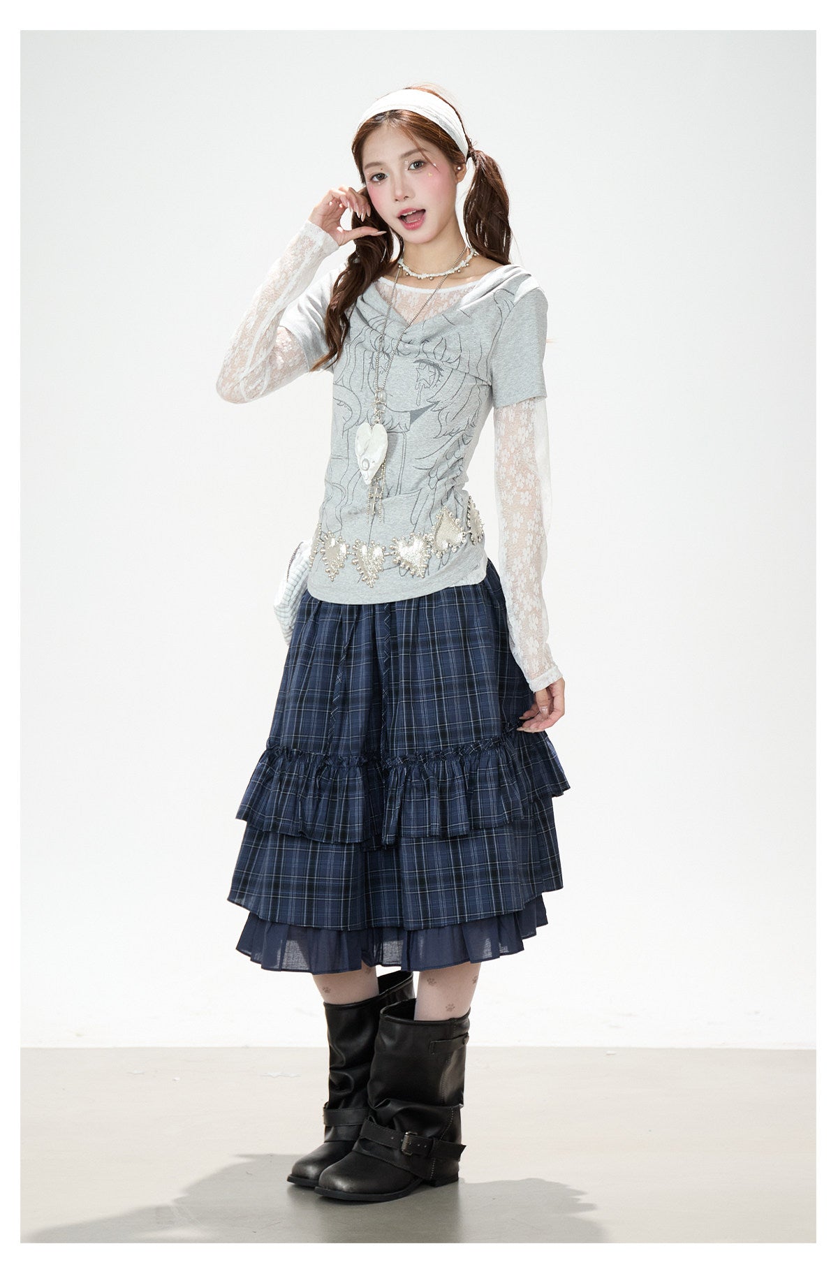 Lace Layered Cowl Neck Graphic Top & Navy Plaid Tiered Midi Skirt
