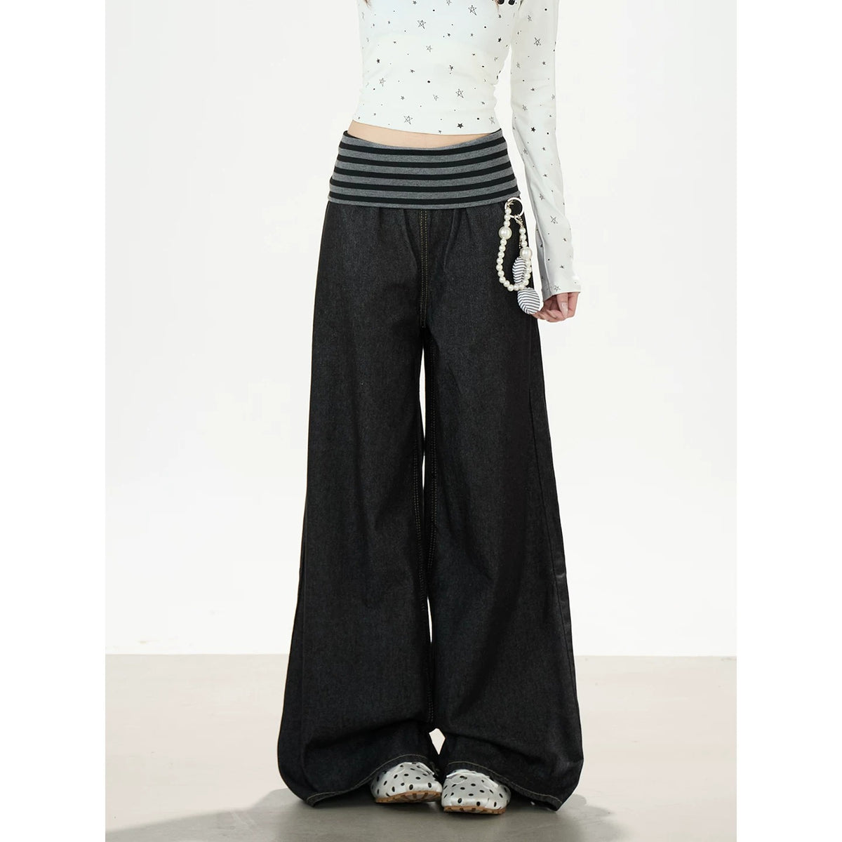 Star Music Note Halter Layered Long Sleeve Top & Black Wide-Leg Pants