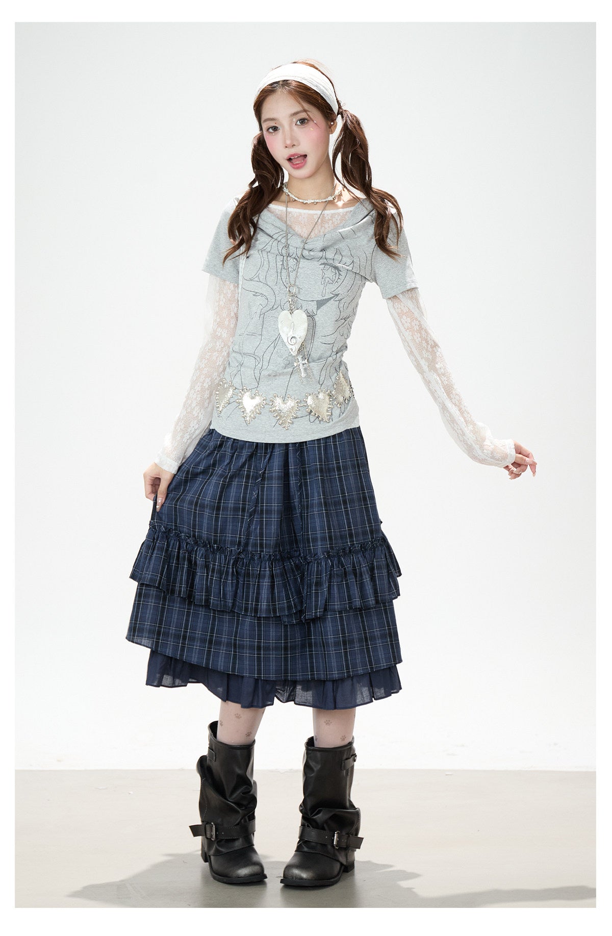 Lace Layered Cowl Neck Graphic Top & Navy Plaid Tiered Midi Skirt
