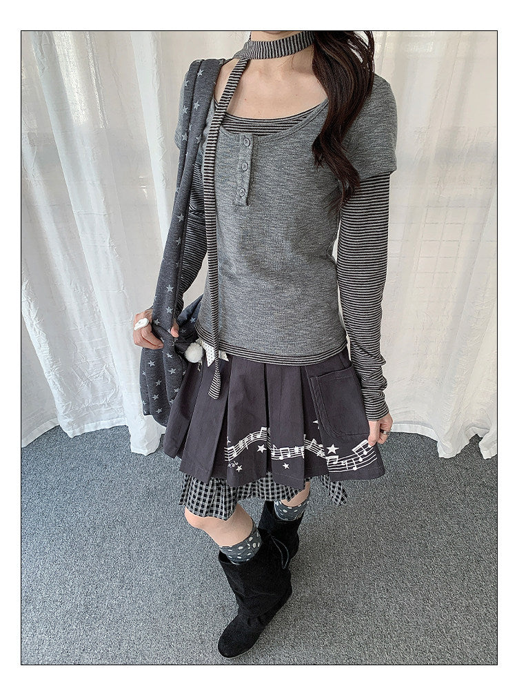 Striped Layered Henley Long Sleeve Top with Neck Tie
