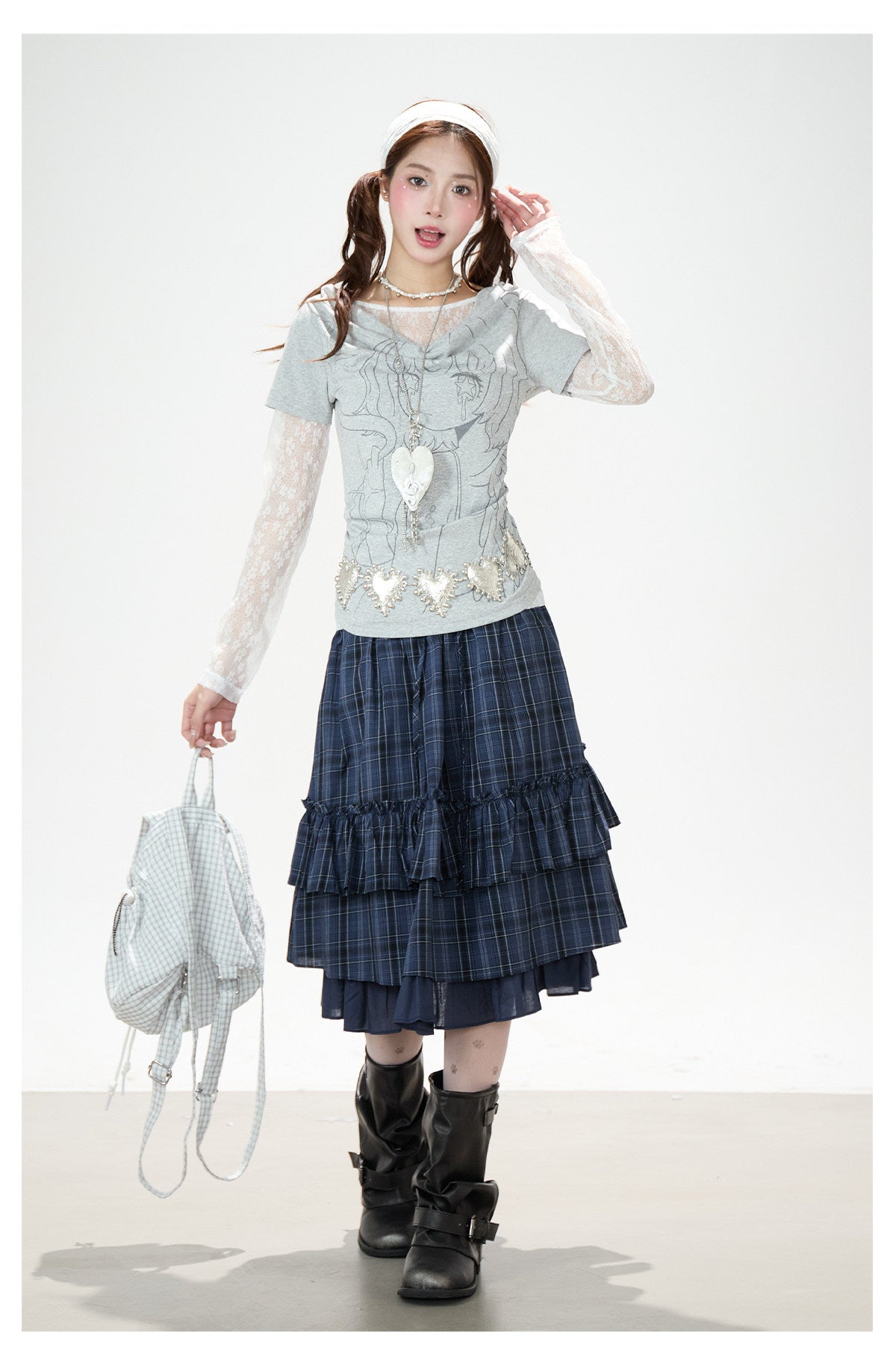 Lace Layered Cowl Neck Graphic Top & Navy Plaid Tiered Midi Skirt