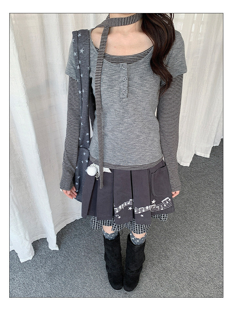 Striped Layered Henley Long Sleeve Top with Neck Tie