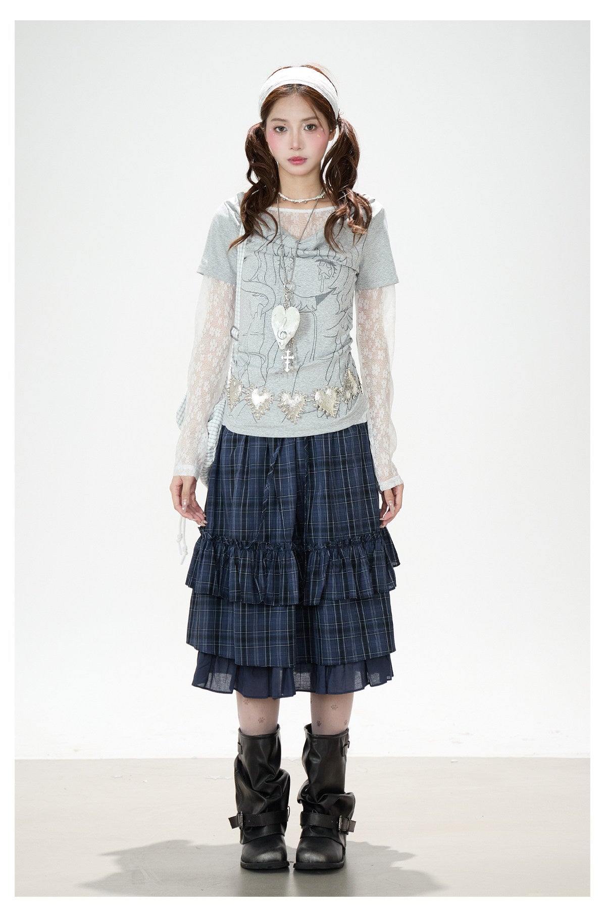 Lace Layered Cowl Neck Graphic Top & Navy Plaid Tiered Midi Skirt