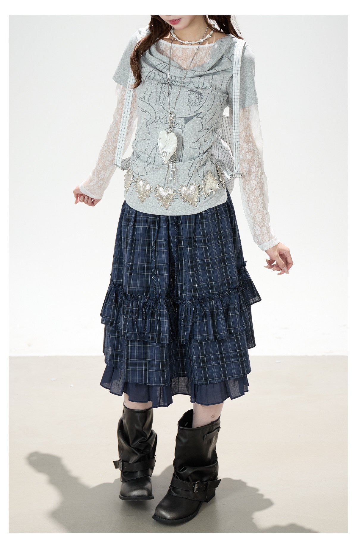 Lace Layered Cowl Neck Graphic Top & Navy Plaid Tiered Midi Skirt