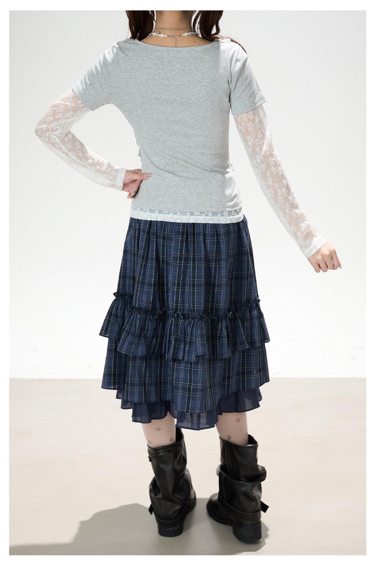 Lace Layered Cowl Neck Graphic Top & Navy Plaid Tiered Midi Skirt