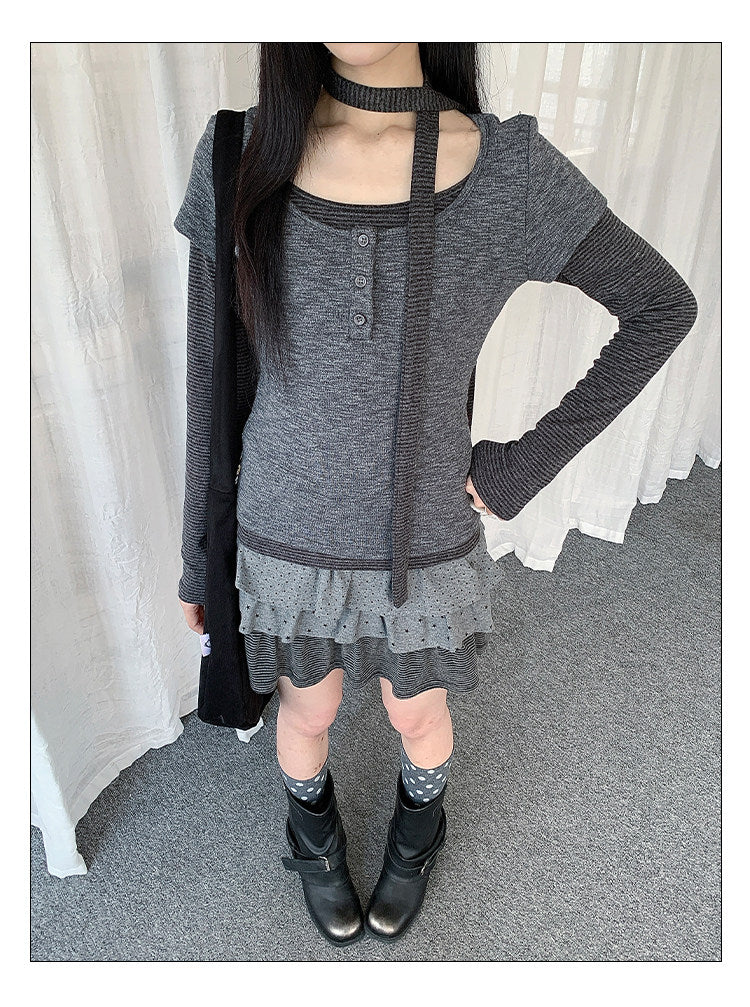 Striped Layered Henley Long Sleeve Top with Neck Tie
